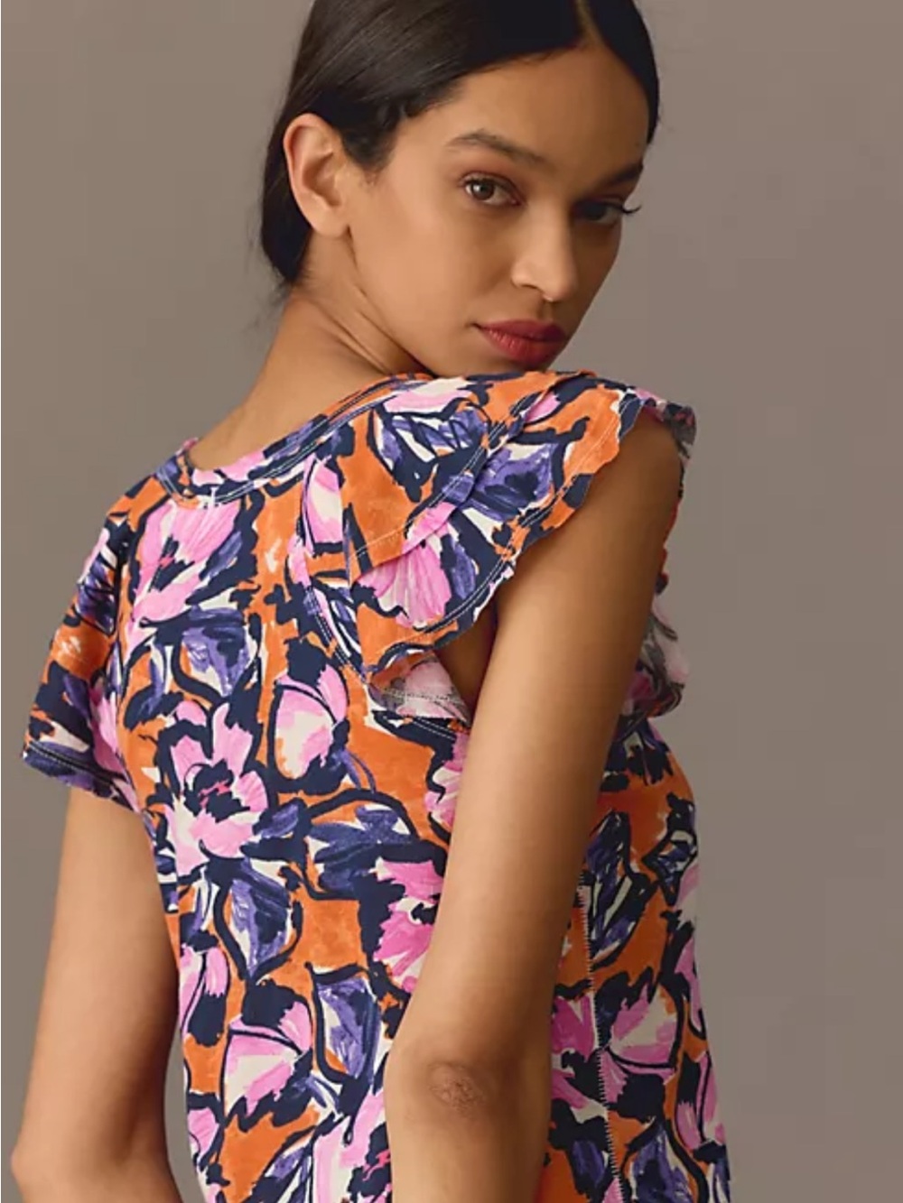 Maeve by Anthropologie Carie Tee Floral V-Neck Top Orange w/ Pink & Navy Blooms - Picture 11 of 12
